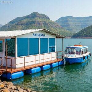 satrenga-korba-chhattisgarh Actual view of Satrenga Korba floating restaurant on blue drums with speedboat Explore CG