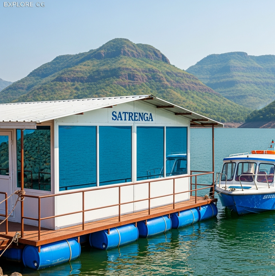 satrenga-korba-chhattisgarh Actual view of Satrenga Korba floating restaurant on blue drums with speedboat Explore CG